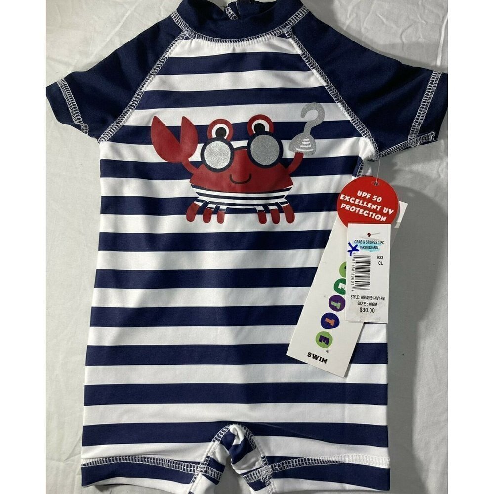 Wippette Infant O-6 Romper NWT Crab & Stripe 1-PC Rash‎ Guard SPF 50 UV Protect
